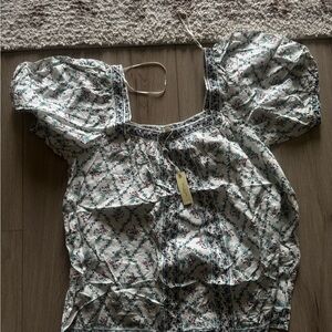 Max Studio Floral Puff Sleeve Blouse - White and Blue